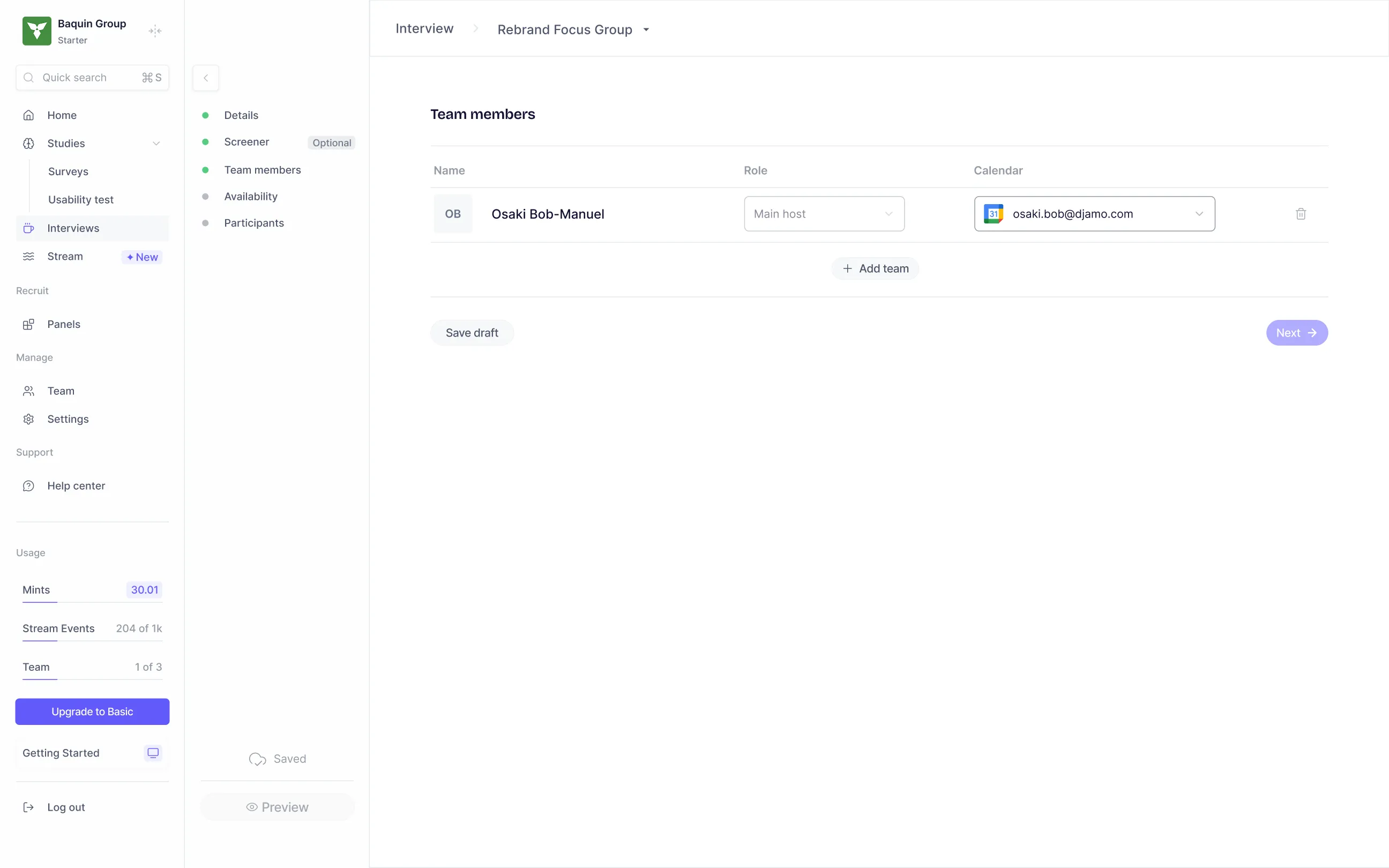 The Details step showing study name, session duration, technical requirements, and welcome screen fields